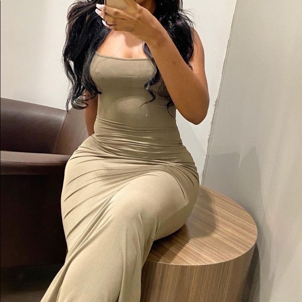 skims dress in the color taupe